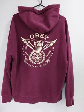 Obey Men's M Maroon Pullover Hoodie  "Peace & Justice" eagle graphic Both Side